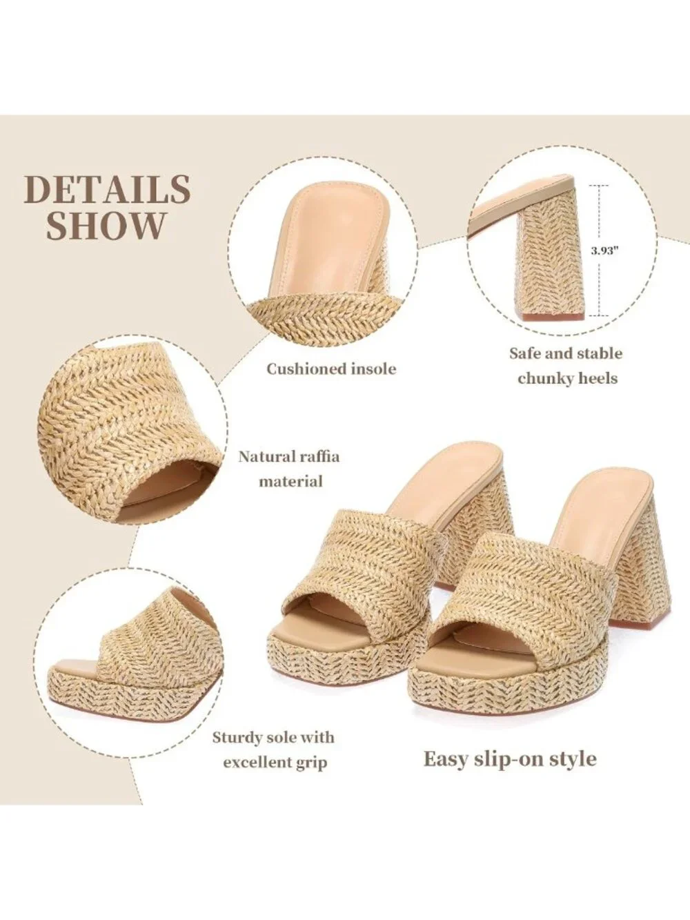 Stylish Raffia Platform Heels for Women - Chunky Block Open Toe Woven Slides
